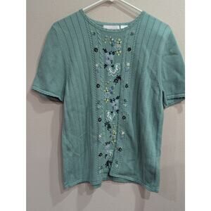 Pretty VINTAGE 1990s Alfred Dunner aqua short sleeve knit floral sweater size M